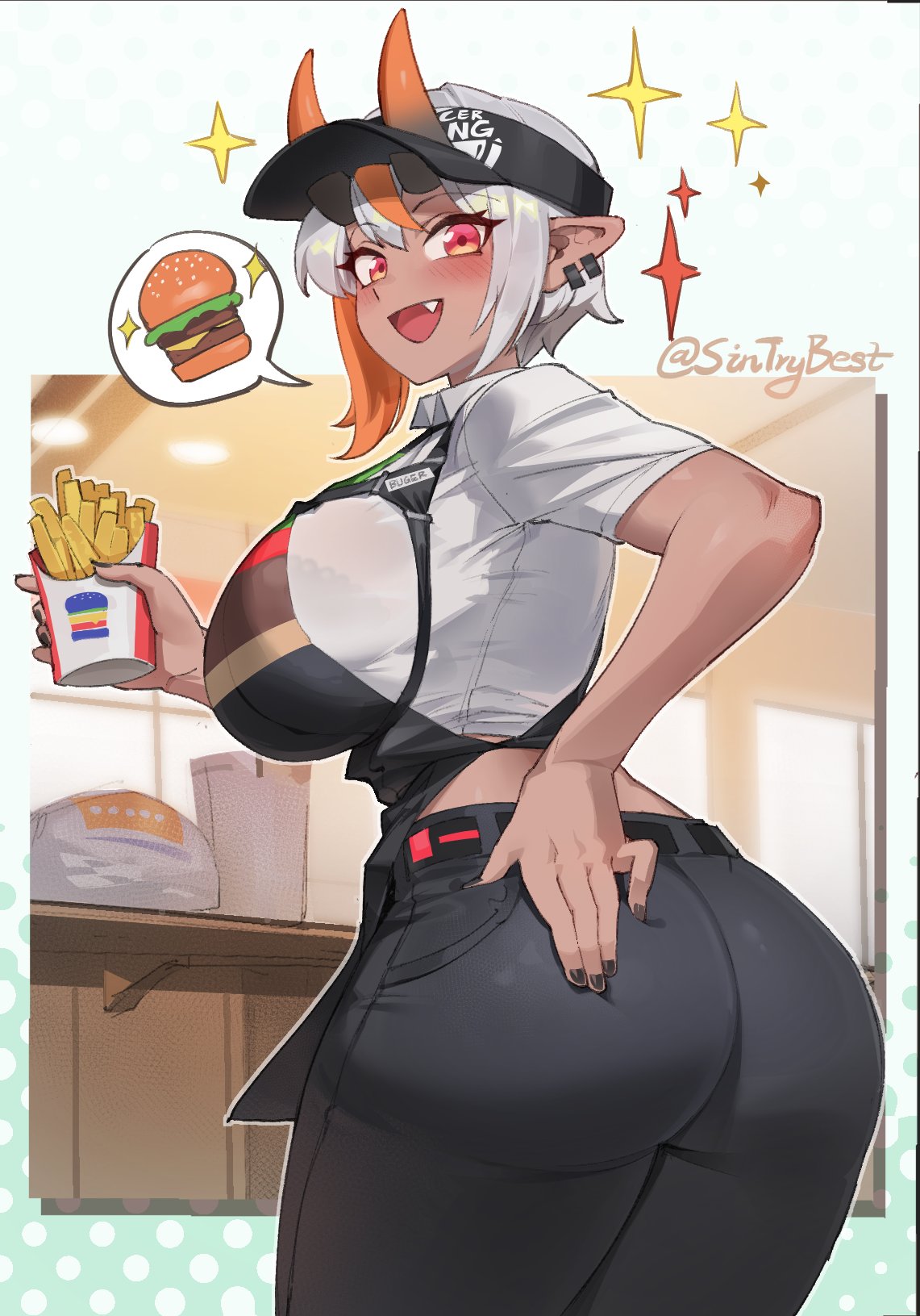 1girl ass ass_focus blush breasts burger dark-skinned_female dark_skin employee_uniform fast_food fast_food_uniform food french_fries from_behind grey_hair highres horns huge_ass huge_breasts kit_(sintrybest) looking_at_viewer looking_back multicolored_hair open_mouth orange_hair original pointy_ears red_eyes short_hair sin_(sintrybest) smile streaked_hair thick_thighs thighs uniform