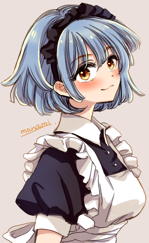 1girl apron artist_name black_dress blue_hair blush breasts buttons closed_mouth commentary_request dress frilled_apron frills grey_background happy looking_at_viewer maid maid_apron maid_headdress medium_breasts orange_eyes original puffy_short_sleeves puffy_sleeves short_hair short_sleeves signature simple_background smile solo sugano_manami upper_body white_apron