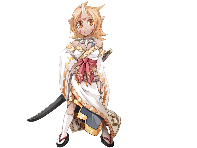 1girl aged_up alternate_eye_color alternate_form blonde_hair blue_tunic bmp-to-png_conversion breasts closed_mouth dark-skinned_female dark_skin facial_mark female_goblin frfr full_body game_cg gob_(mon-musu_quest!) goblin hand_on_own_hip horns japanese_clothes jewelry katana kimono light_frown looking_at_viewer medium_breasts medium_hair mon-musu_quest! necklace non-web_source pointy_ears red_sash sandals sash serious sheath sheathed simple_background single_horn socks solo spoilers standing sword sword_on_back tabi tooth_necklace transparent_background v-shaped_eyebrows weapon weapon_on_back white_kimono white_socks wide_sleeves yellow_eyes zouri