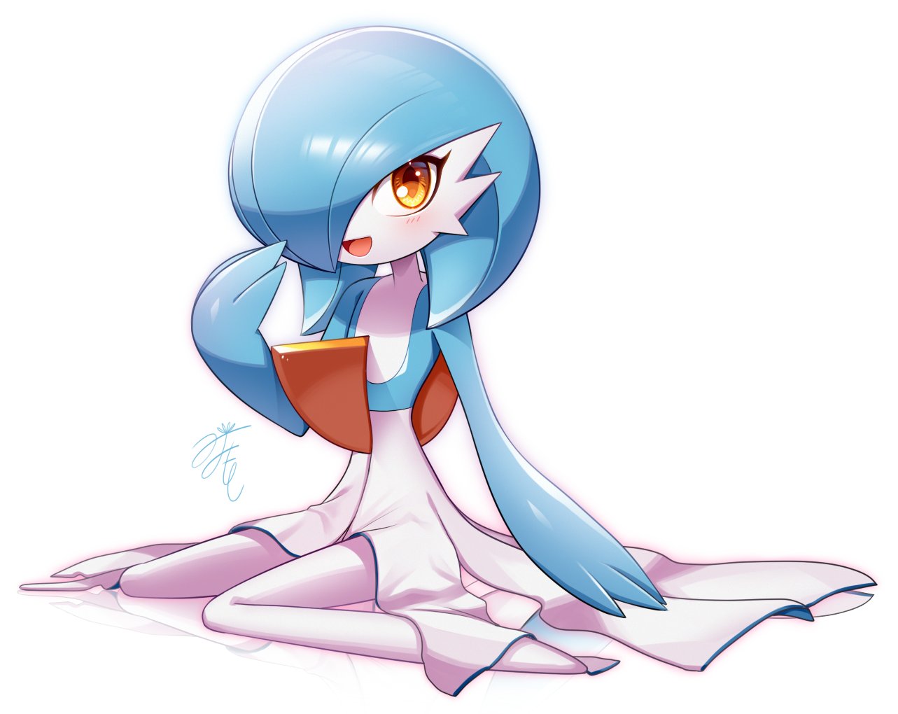 alternate_color blue_hair bob_cut colored_skin dress gardevoir hair_over_one_eye looking_at_viewer lotosu multicolored_skin on_floor open_mouth orange_eyes pokemon pokemon_(creature) shiny_pokemon simple_background sitting smile two-tone_skin white_background white_dress white_skin