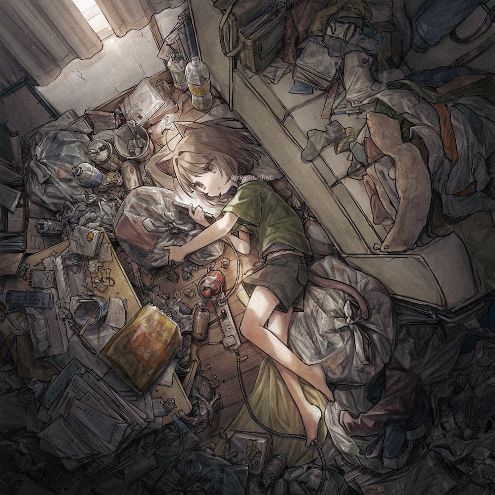 1girl animal_ears artist_name barefoot black_shorts brown_eyes brown_hair cat_ears cat_girl cat_tail cellphone commentary crack_of_light curtains from_above full_body green_shirt holding holding_phone indoors jitome looking_at_phone lying messy_room neoki_ohae on_floor on_side original parted_lips phone shirt short_hair short_sleeves shorts smartphone solo t-shirt tail trash_bag twitter_username wooden_floor