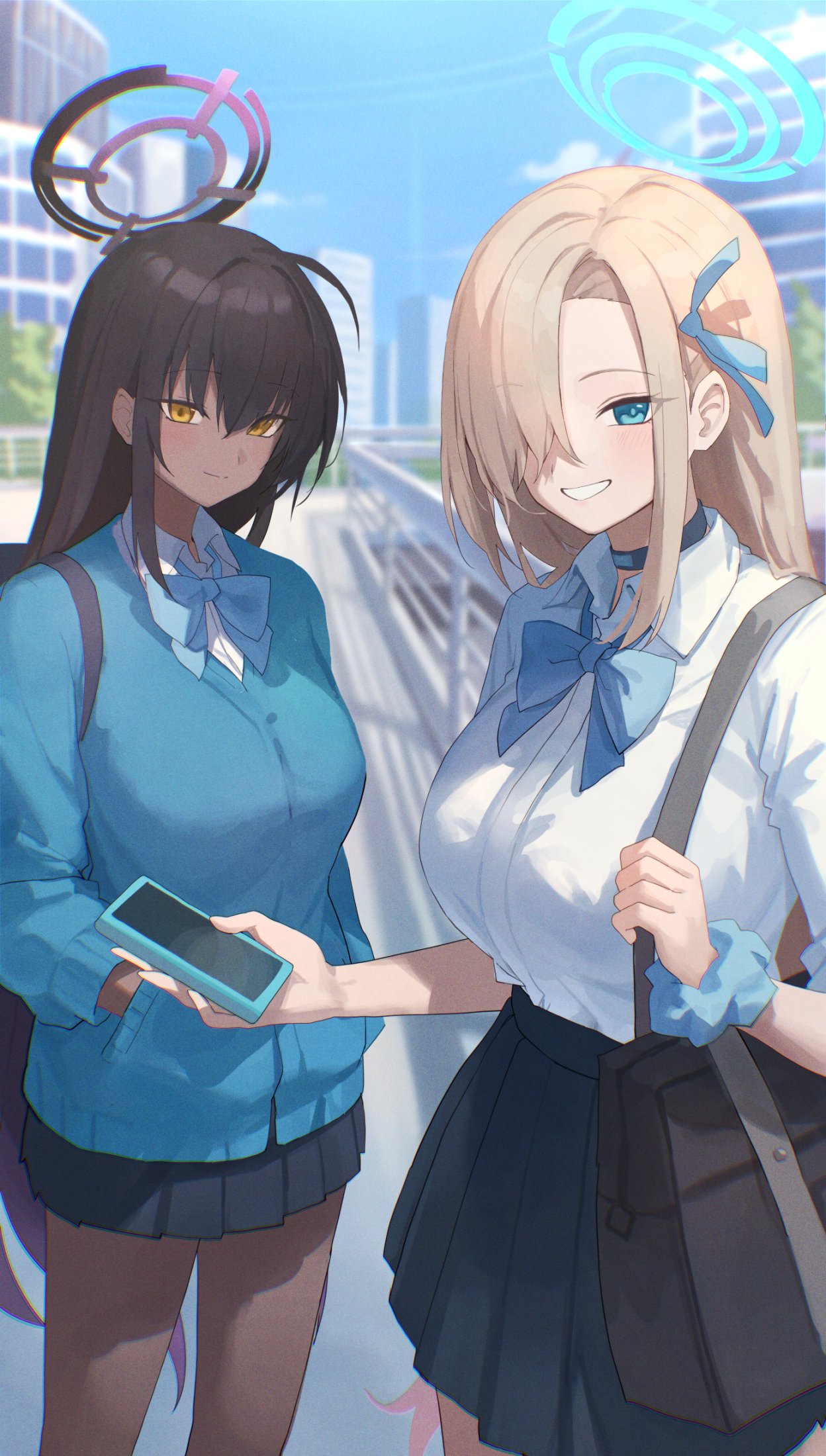 2girls asuna_(blue_archive) bag black_choker black_hair black_pantyhose black_skirt blue_archive blue_bow blue_bowtie blue_cardigan blue_eyes blue_halo blue_ribbon blue_scrunchie blush bow bowtie cardigan cellphone choker closed_mouth collared_shirt day grin hair_between_eyes hair_over_one_eye hair_ribbon halo highres holding holding_phone kakutasu karin_(blue_archive) light_brown_hair long_hair long_sleeves multiple_girls outdoors pantyhose phone pleated_skirt purple_halo ribbon school_bag scrunchie shirt skirt smartphone smile white_shirt wrist_scrunchie yellow_eyes