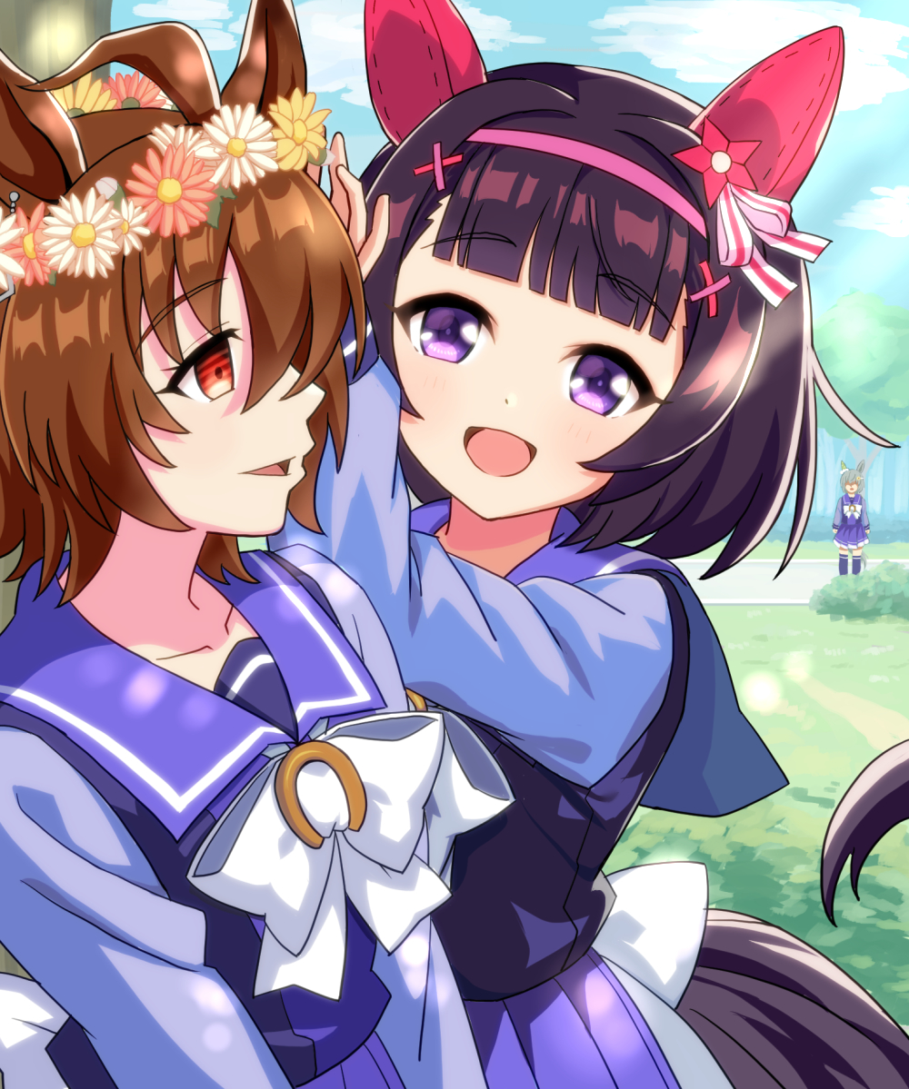 3girls agnes_tachyon_(umamusume) ahoge animal_ears black_hair blunt_bangs bob_cut bow bowtie brown_hair bush collarbone commentary daisy derivative_work ear_covers ear_flower ear_ribbon flower flower_wreath grass green_hair hair_intakes hair_ornament hairband horse_ears horse_girl horse_tail long_sleeves maruike_(sekaijunoki110) multiple_girls netorare nishino_flower_(umamusume) outdoors pink_hairband pink_ribbon pleated_skirt purple_eyes purple_sailor_collar purple_shirt purple_skirt purple_thighhighs red_eyes ribbon sailor_collar sailor_shirt school_uniform seiun_sky_(umamusume) shirt short_hair single_ear_cover skirt striped_ribbon tail thighhighs tracen_school_uniform tree two-tone_ribbon umamusume under_tree waist_bow white_bow white_bowtie white_ribbon winter_uniform x_hair_ornament