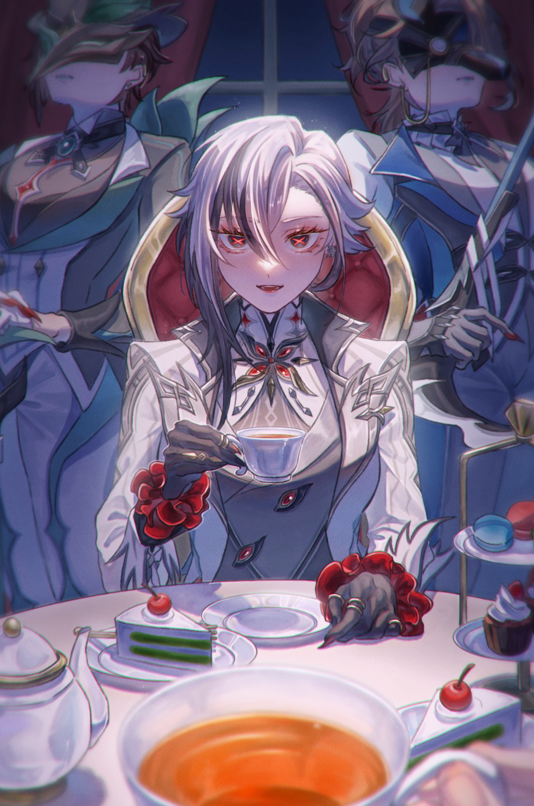 1other 3girls :d arlecchino_(genshin_impact) black_eyes black_hair cake coat commentary_request cup cupcake food frost_operative_(genshin_impact) genshin_impact grey_shirt highres indoors kizumi_(kizumi_tbdi1011) long_hair long_sleeves looking_at_viewer mask multicolored_hair multiple_girls open_mouth pov shirt smile streaked_hair table tea teacup tiered_tray upper_body white_coat white_hair wind_operative_(genshin_impact)