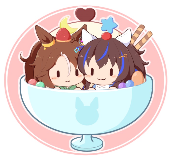 2girls :3 blue_hair blush_stickers brown_hair cherry chibi closed_mouth crescent cup daitaku_helios_(umamusume) fang fang_out food fruit gomashio_(goma_feet) green_shirt hair_between_eyes hair_ornament hairclip heart in_container in_cup mejiro_palmer_(umamusume) mini_person minigirl multicolored_hair multiple_girls parted_bangs pink_background ponytail raglan_sleeves shirt side_ponytail smile star_(symbol) star_hair_ornament strawberry streaked_hair two-tone_background umamusume wafer_stick white_background white_hair white_shirt |_|