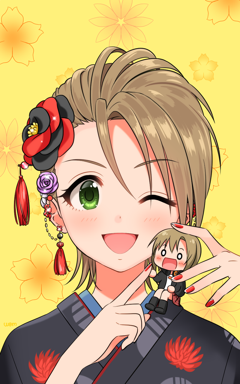 2girls black_kimono blush breasts brown_hair chibi dot_nose earrings floral_background floral_print flower green_eyes hair_between_eyes hair_flower hair_ornament highres idolmaster idolmaster_cinderella_girls idolmaster_cinderella_girls_starlight_stage index_finger_raised japanese_clothes jewelry kimono kimura_natsuki looking_at_viewer medium_breasts multiple_girls nail_polish one_eye_closed open_mouth portrait purple_flower red_nails short_hair smile spider_lily_print tada_riina two-tone_flower wgm_oekaki yellow_background