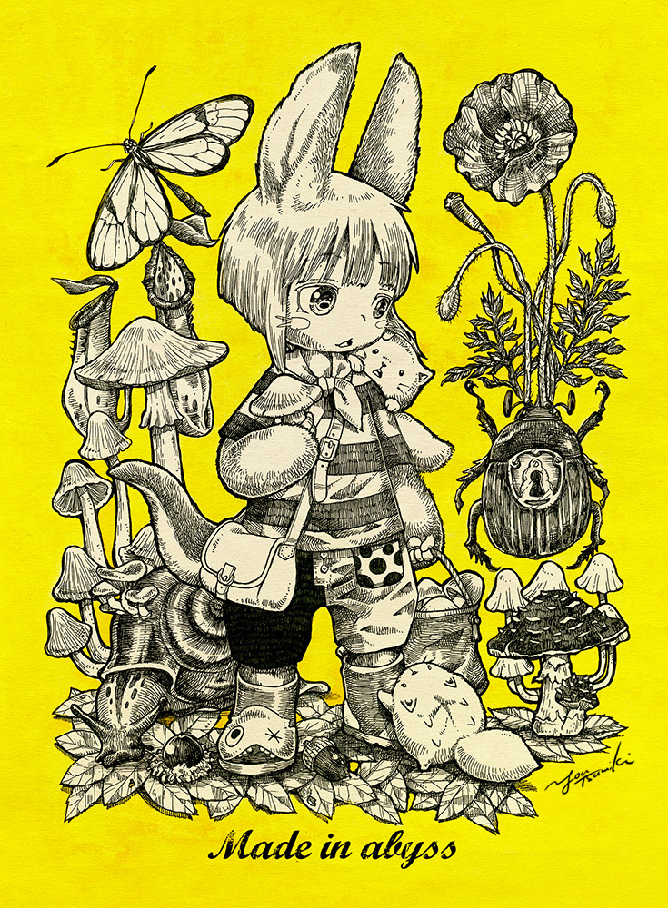 1other acorn animal animal_ears asymmetrical_pants bag basket beetle body_fur boots bug commentary_request copyright_name creature creature_on_shoulder flower full_body furry greyscale_with_colored_background hand_up holding holding_basket holding_mushroom horizontal_pupils leaf looking_at_creature made_in_abyss mitty_(made_in_abyss) mushroom nanachi_(made_in_abyss) neckerchief neritantan on_shoulder open_mouth oversized_animal pants pitcher_plant plant shirt short_hair short_sleeves shoulder_bag signature snail solo standing striped_clothes striped_shirt t-shirt tail tsumiki_yuu whiskers yellow_background
