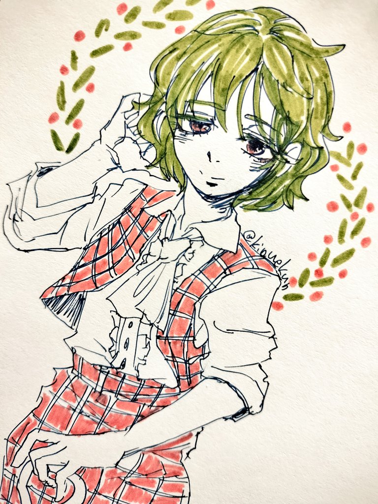 adjusting_hair ascot closed_mouth frilled_shirt_collar frills green_hair hand_in_own_hair kazami_yuuka kinuekun open_clothes open_vest plaid plaid_skirt plaid_vest red_eyes red_skirt red_vest skirt skirt_set touhou vest wreath