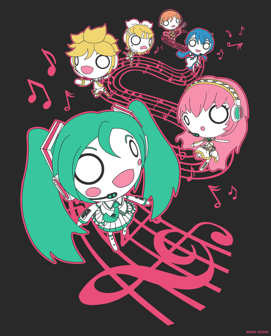 2boys 4girls :o aqua_hair aqua_necktie artist_name beamed_eighth_notes black_background blue_scarf blush chibi commentary detached_sleeves eighth_note english_commentary frown hair_ornament hairclip hatsune_miku headset holding holding_microphone james_franzen kagamine_len kagamine_rin kaito_(vocaloid) megurine_luka meiko_(vocaloid) microphone multiple_boys multiple_girls musical_note necktie nose_blush o_o open_mouth pleated_skirt scarf sixteenth_note skirt smile treble_clef twintails vocaloid