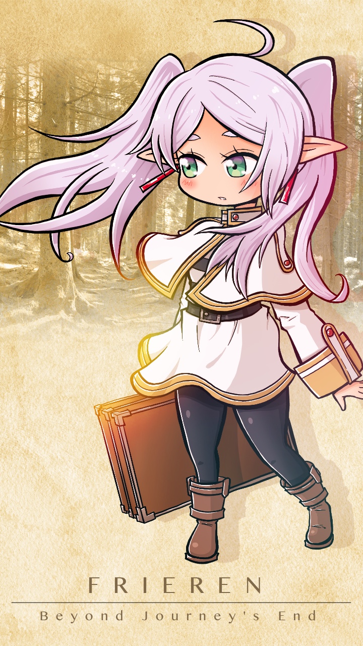 1girl ahoge briefcase capelet character_name copyright_name drop_earrings earrings elf forest frieren gotthi highres jewelry nature parted_bangs pointy_ears sousou_no_frieren twintails white_capelet yellow_background