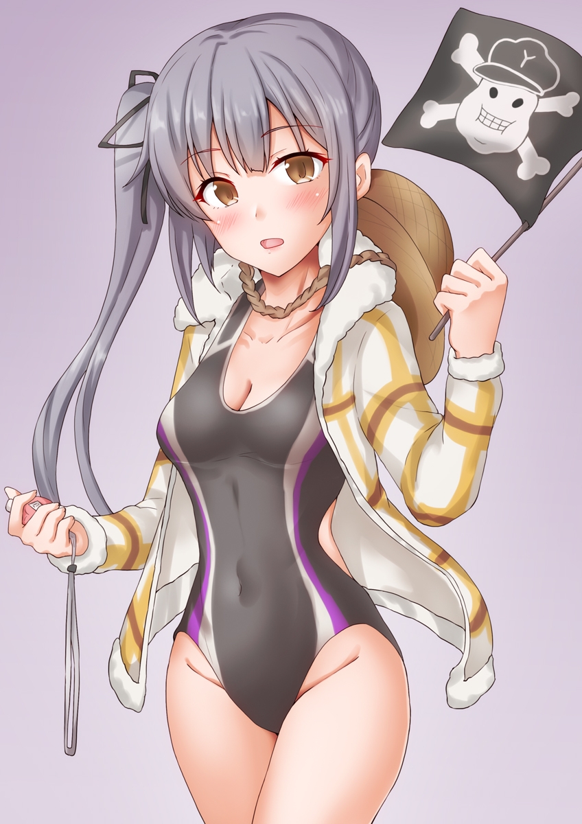 1girl anti_(untea9) black_one-piece_swimsuit blush breasts brown_eyes competition_swimsuit covered_navel cowboy_hat cowboy_shot flag gradient_background grey_hair hair_ribbon hat highleg highleg_swimsuit highres jacket jolly_roger kantai_collection kasumi_(kancolle) long_hair long_sleeves one-piece_swimsuit open_mouth purple_background ribbon side_ponytail small_breasts solo swimsuit two-tone_swimsuit