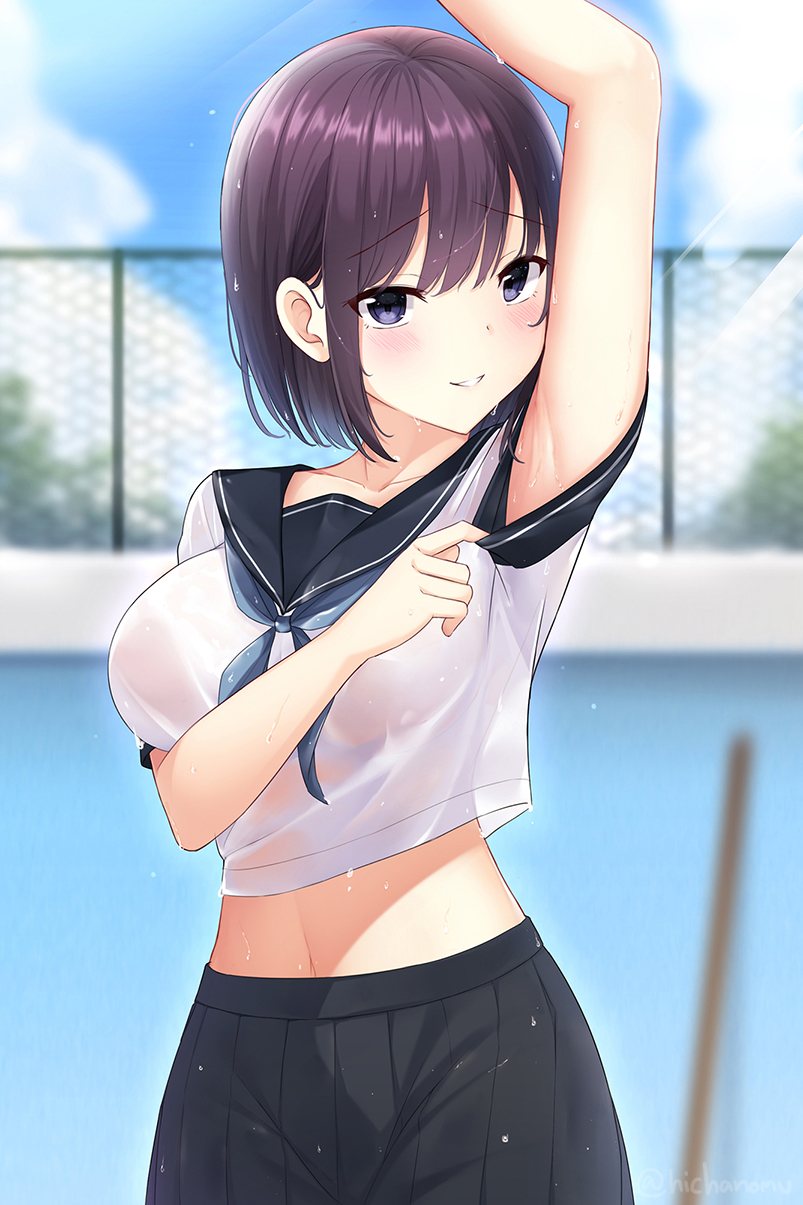 1girl arm_up armpits black_skirt blurry breasts collarbone crop_top crop_top_overhang day depth_of_field hicha_nomu highres large_breasts looking_at_viewer midriff navel neckerchief original outdoors parted_lips pleated_skirt pool purple_eyes purple_hair sailor_collar school_uniform see-through serafuku shirt short_hair short_sleeves sidelocks skirt smile solo stomach sweat upper_body wet wet_clothes wet_shirt white_shirt