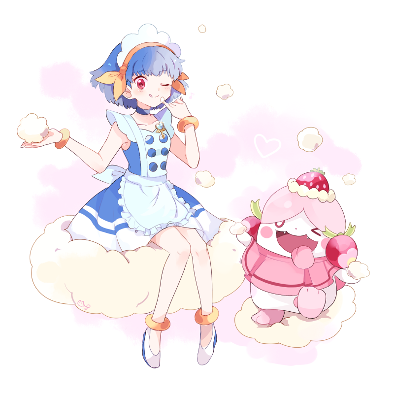 &gt;_o 1girl ;d anklet blue_choker blue_dress blue_hair blush bracelet choker commentary_request cream cream_on_face dress fangs finger_to_chin food food_on_face gen_6_pokemon hairband heart jewelry key legs_together looking_at_viewer mei_(maysroom) millefeui_(pokemon) one_eye_closed open_mouth orange_bracelet orange_hairband pokemon pokemon_(anime) pokemon_(creature) pokemon_xy_(anime) red_eyes shoes short_hair sitting slurpuff smile tongue tongue_out