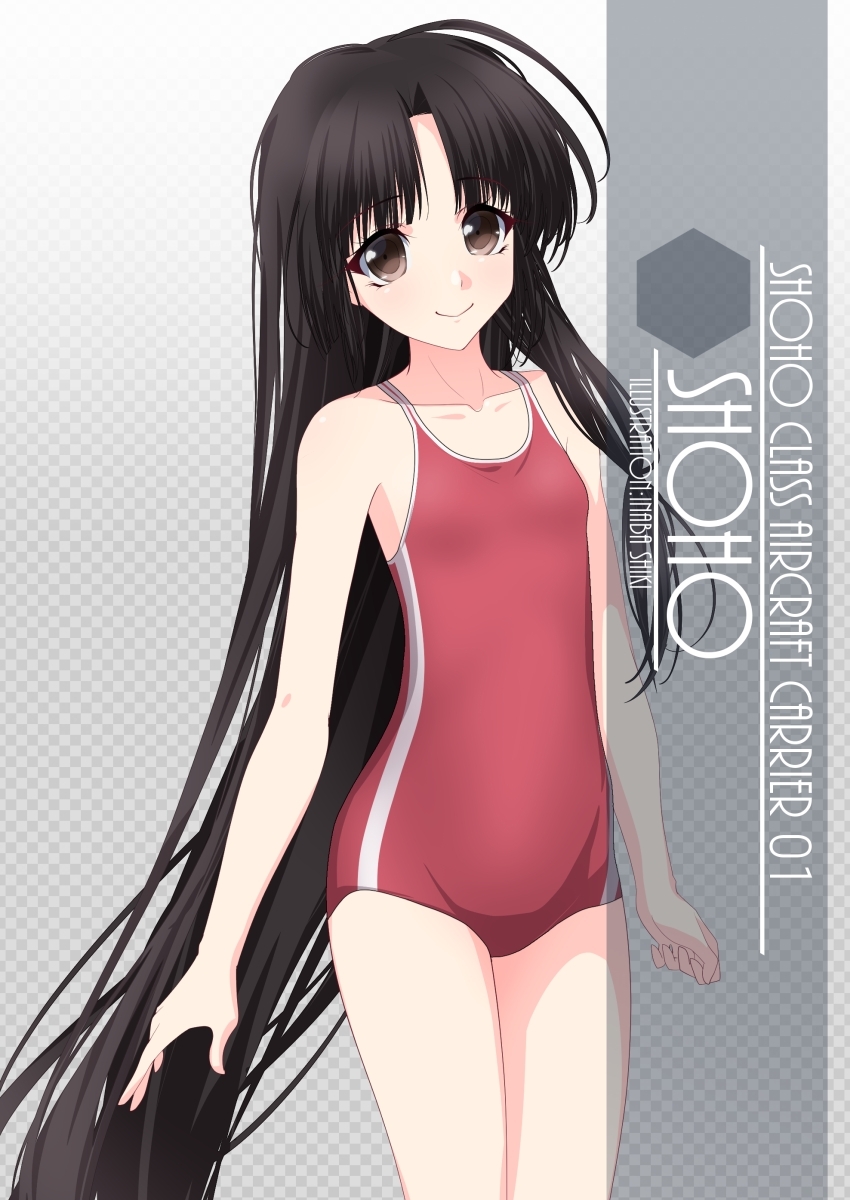 1girl ahoge alternate_breast_size artist_name bandeau black_hair brown_eyes character_name checkered checkered_background commentary_request competition_school_swimsuit flat_chest gradient gradient_background grey_background highres inaba_shiki kantai_collection long_hair looking_at_viewer red_swimsuit school_swimsuit shouhou_(kantai_collection) solo swimsuit