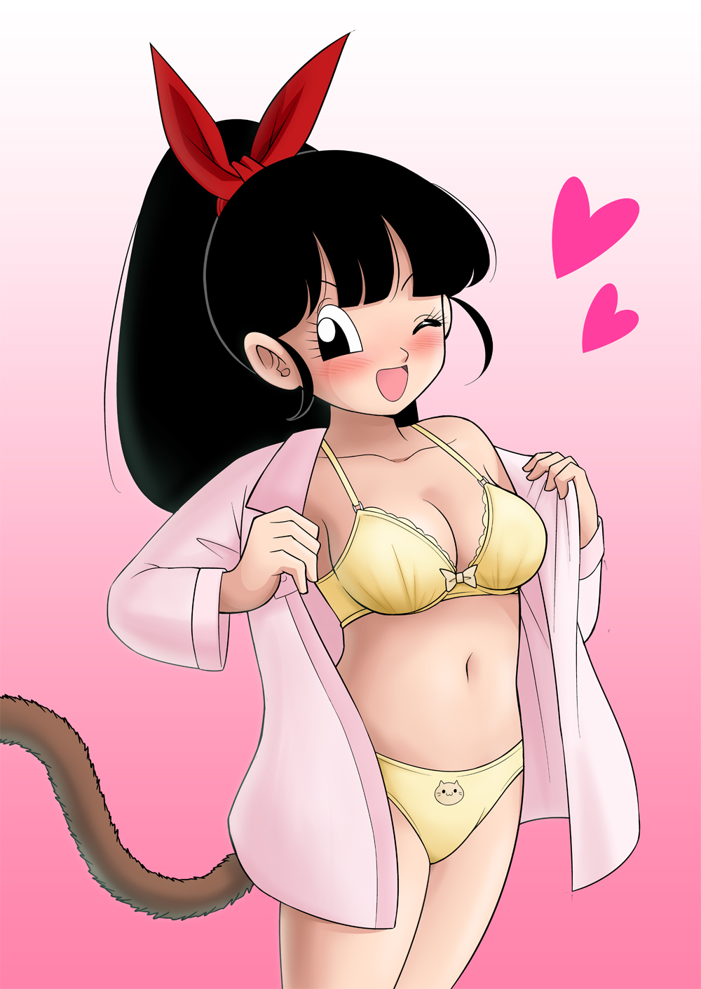 1girl black_eyes black_hair blush bra breasts dragon_ball dragon_ball_heroes heart highres karoine note_(dragon_ball) one_eye_closed open_clothes open_mouth panties pink_shirt shirt smile tail underwear yellow_bra yellow_panties