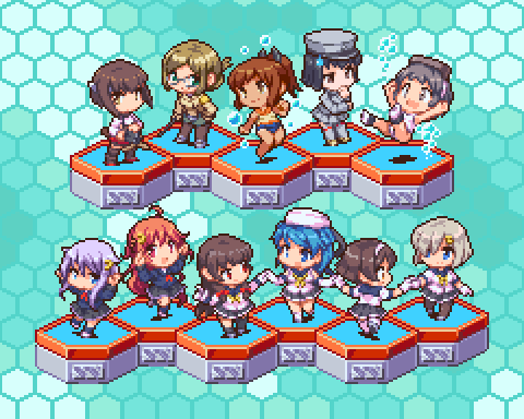 6+girls ahoge akitsu_maru_(kantai_collection) bangs black_hair blonde_hair blue_background blue_hair brown_hair chibi crescent crescent_hair_ornament folded_ponytail glasses hair_ornament hair_over_one_eye hairclip hamakaze_(kantai_collection) hat headband hexagon i-401_(kantai_collection) isokaze_(kantai_collection) kantai_collection katori_(kantai_collection) long_hair lowres maru-yu_(kantai_collection) multiple_girls oobako open_mouth peaked_cap pixel_art ponytail purple_hair red_hair sailor_collar school_swimsuit school_uniform serafuku short_hair silver_hair simple_background swimsuit swimsuit_under_clothes taihou_(kantai_collection) tanikaze_(kantai_collection) urakaze_(kantai_collection) uzuki_(kantai_collection) yayoi_(kantai_collection)