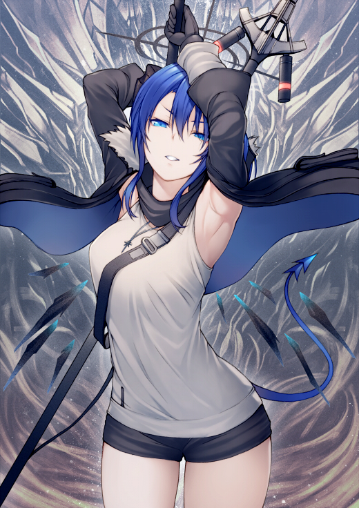 1girl arknights armpits arms_up bangs banned_artist black_gloves black_shorts blue_eyes blue_hair commentary_request cowboy_shot gloves grey_shirt hair_between_eyes kyoeiki long_hair looking_at_viewer mostima_(arknights) parted_lips partial_commentary shirt short_shorts shorts sleeveless sleeveless_shirt solo staff standing tail thighs