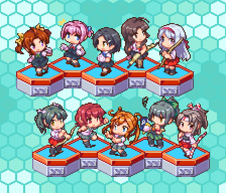 6+girls abukuma_(kantai_collection) ahoge bangs black_hair blonde_hair blue_background bow_(weapon) brown_hair chibi failure_penguin gloves green_hair hachimaki hair_ornament hair_ribbon hairclip headband hexagon holding holding_bow_(weapon) holding_weapon japanese_clothes kagerou_(kantai_collection) kantai_collection kinu_(kantai_collection) kuroshio_(kantai_collection) long_hair low-tied_long_hair lowres multiple_girls muneate oobako orange_hair pink_hair pixel_art ponytail red_hair ribbon sailor_collar school_uniform serafuku shiranui_(kantai_collection) short_hair shouhou_(kantai_collection) shoukaku_(kantai_collection) simple_background squiggle twintails weapon white_hair yuubari_(kantai_collection) zuihou_(kantai_collection) zuikaku_(kantai_collection)