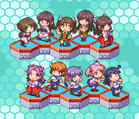 6+girls ahoge akebono_(kantai_collection) bangs black_hair blue_background blue_hair brown_hair bunny chibi chikuma_(kantai_collection) choukai_(kantai_collection) crab flower flying_sweatdrops glasses hair_bobbles hair_flower hair_ornament hair_ribbon hexagon hiyou_(kantai_collection) japanese_clothes jun'you_(kantai_collection) kantai_collection long_hair lowres maya_(kantai_collection) multiple_girls oboro_(kantai_collection) oobako open_mouth orange_hair pink_hair pixel_art purple_hair ribbon sailor_collar sazanami_(kantai_collection) school_uniform serafuku short_hair short_twintails simple_background skirt tone_(kantai_collection) twintails ushio_(kantai_collection) x_hair_ornament