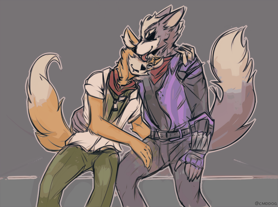 anthro blush canid canine canis clothed clothing duo fox fox_mccloud fully_clothed fur grey_body grey_fur hug licking male male/male mammal nintendo orange_body orange_fur star_fox tongue tongue_out video_games vimes_(artist) wolf wolf_o'donnell