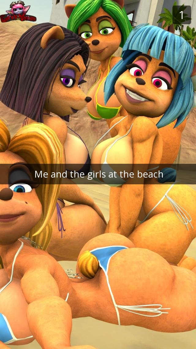 2019 3d_(artwork) activision ami_bandicoot anthro bandicoot beach beach_house beauty_mark big_breasts big_butt bikini black_bikini black_hair black_nose blonde_hair blue_bikini blue_eyes blue_eyeshadow blue_hair blue_sky breasts butt caption clothed clothing crash_bandicoot_(series) digital_media_(artwork) english_text eyebrows eyelashes eyeshadow female fur green_bikini green_eyes green_eyeshadow green_hair grey-yordle group hair hill isabella_bandicoot kneeling liz_bandicoot long_hair looking_at_viewer looking_back lying makeup mammal marsupial megumi_bandicoot on_front outside palm_trees pink_eyes pink_eyeshadow purple_eyes purple_eyeshadow sand seaside selfie short_hair side_boob sky small_waist smile swimwear text thick_thighs video_games white_bikini