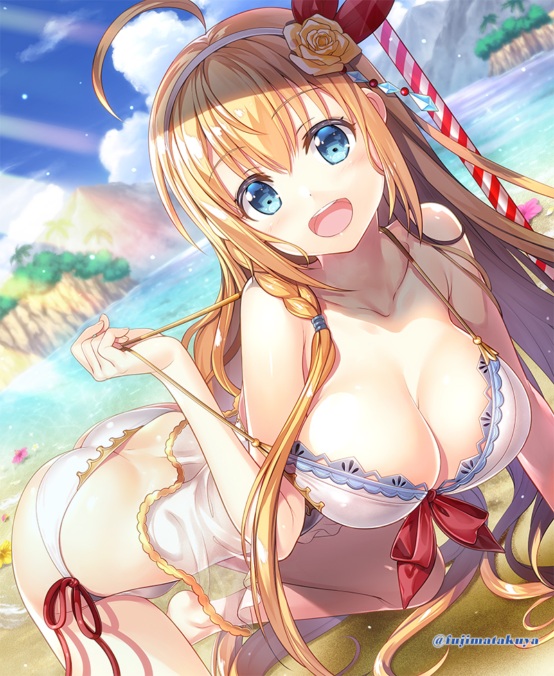 1girl ahoge artist_name beach blue_eyes braid breasts cleavage collarbone eyebrows_visible_through_hair flower fujima_takuya hair_flower hair_ornament hair_ribbon lingerie open_mouth orange_hair panties pecorine princess_connect! princess_connect!_re:dive ribbon rose side-tie_panties solo twitter_username underwear yellow_flower yellow_rose