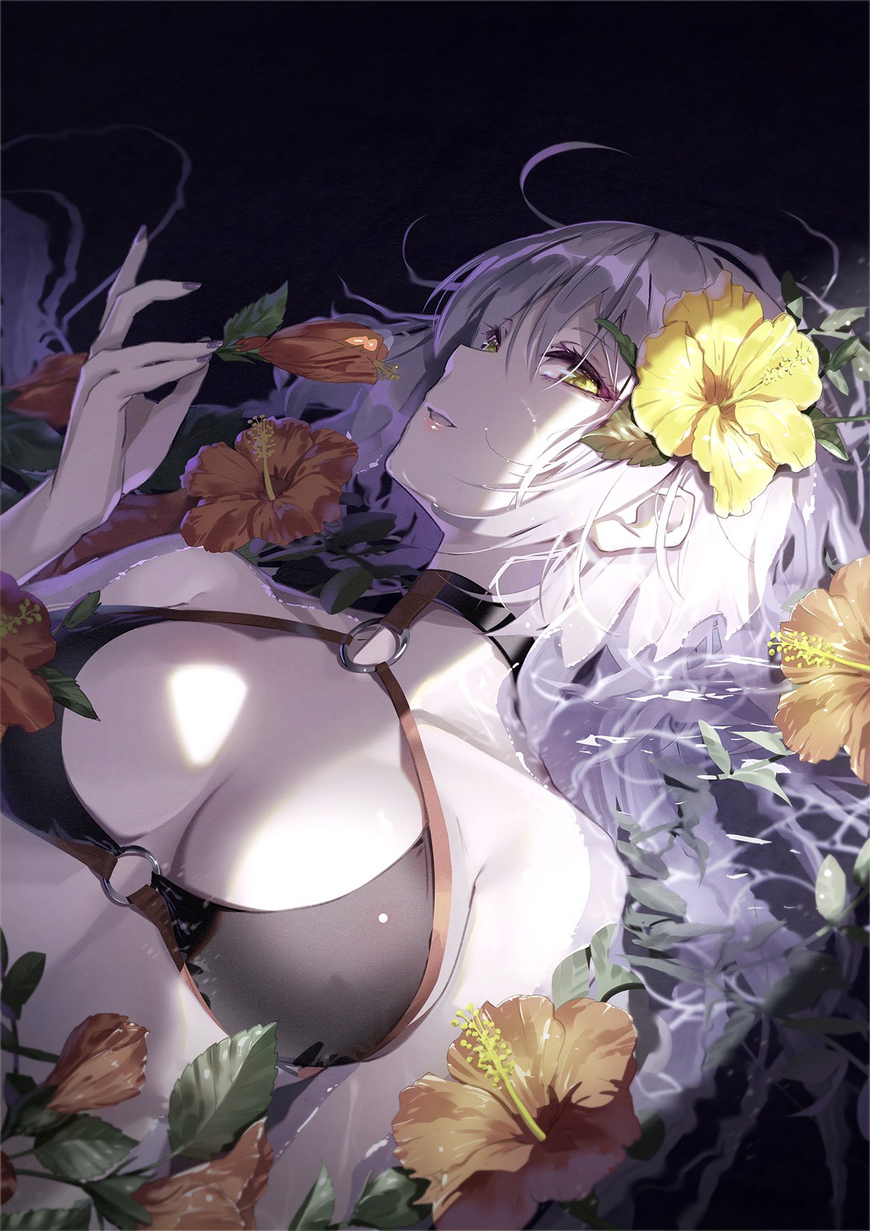 1girl ahoge bangs bikini black_bikini breasts choker eyebrows_visible_through_hair fate/grand_order fate_(series) flower hair_between_eyes hair_flower hair_ornament highres holding holding_flower jeanne_d'arc_(alter_swimsuit_berserker) jeanne_d'arc_(fate)_(all) long_hair lying medium_breasts o-ring o-ring_bikini on_back parted_lips partially_submerged red_flower silver_hair solo swimsuit tsurukame water yellow_eyes yellow_flower