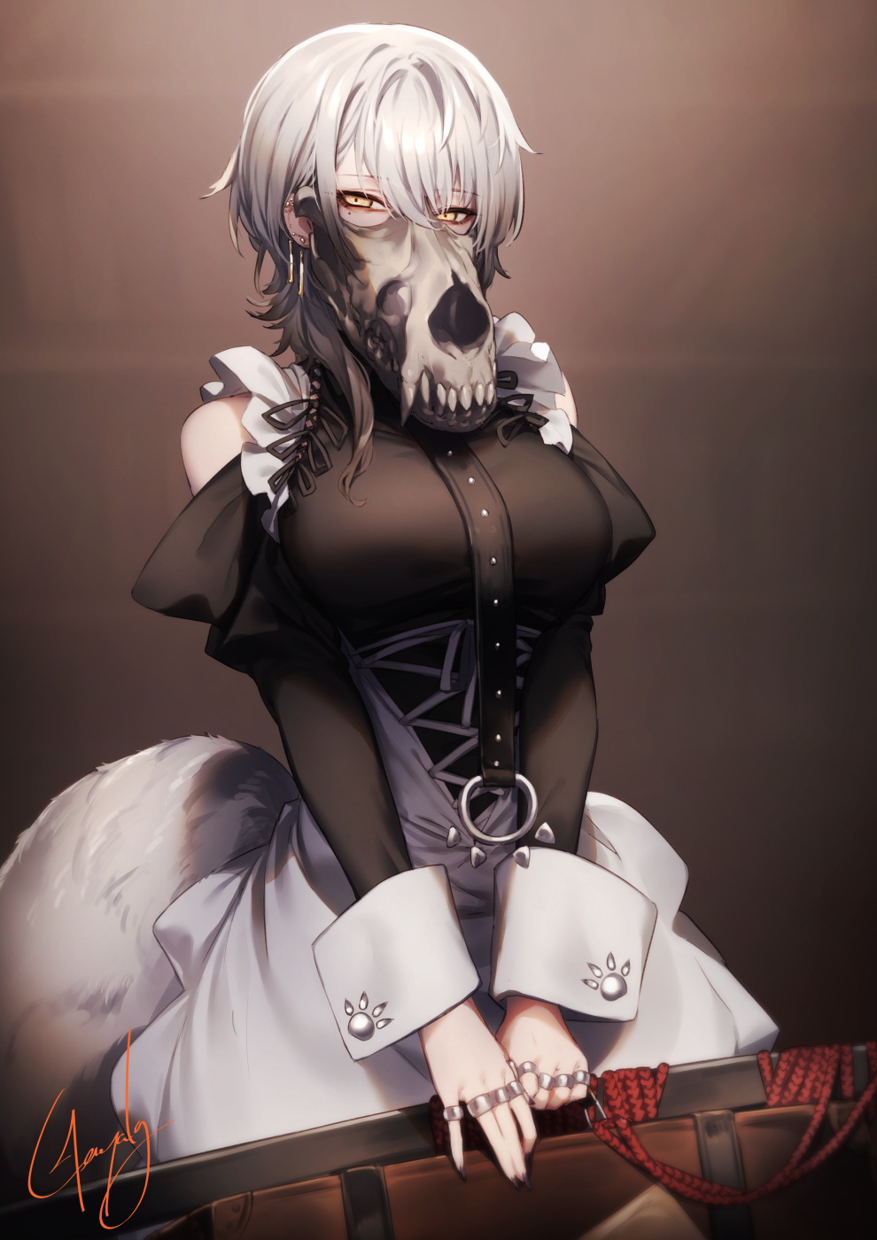 1girl animal_skull apron breasts brown_background ear_piercing earrings grey_hair hair_between_eyes highres holding jewelry kyouya_(mukuro238) large_breasts long_sleeves looking_at_viewer maid maid_apron mask mole mole_under_eye multiple_rings original piercing ring short_hair signature solo standing tail white_apron yellow_eyes