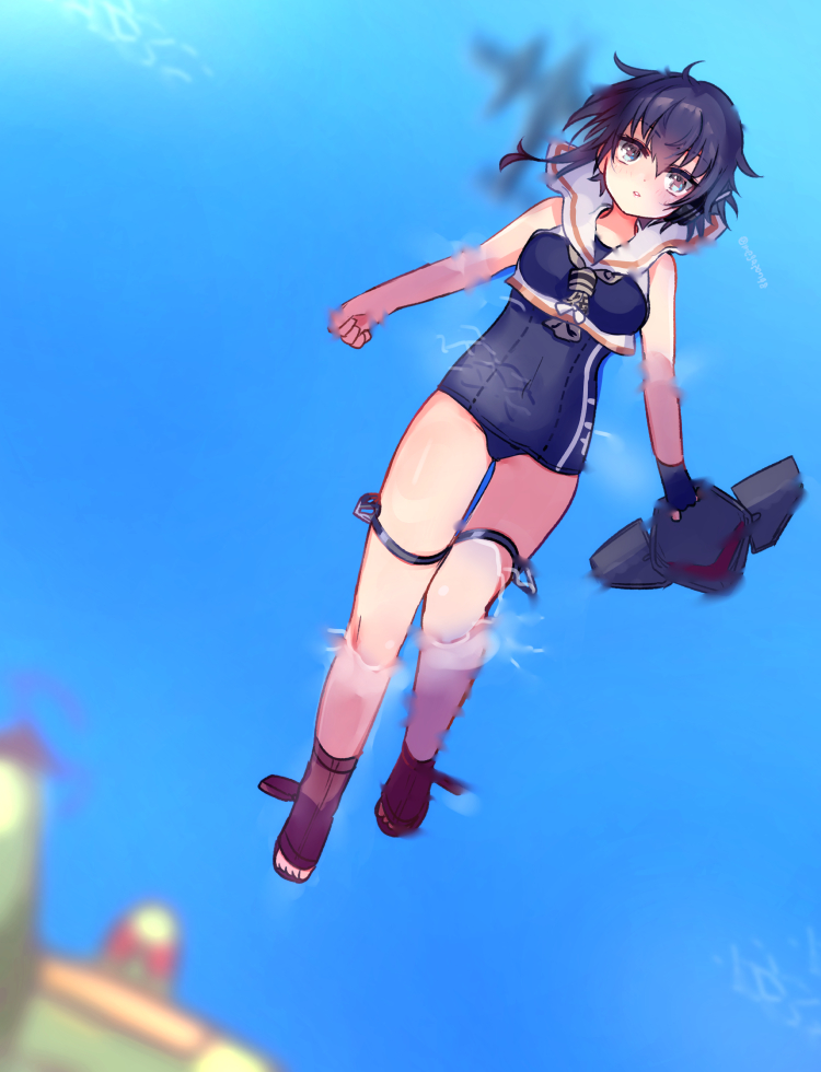 1girl afloat aircraft airplane asymmetrical_hair black_hair black_swimsuit boots breasts brown_eyes brown_neckwear c6n_saiun floating framed_breasts from_above gloves hair_between_eyes hat headgear_removed headphones high_heel_boots high_heels i-14_(kantai_collection) kantai_collection lips looking_up lying megane_poni neckerchief ocean open_toe_shoes outdoors partially_submerged partly_fingerless_gloves ripples sailor_collar school_swimsuit shirt short_hair single_glove small_breasts swimming swimsuit water wet