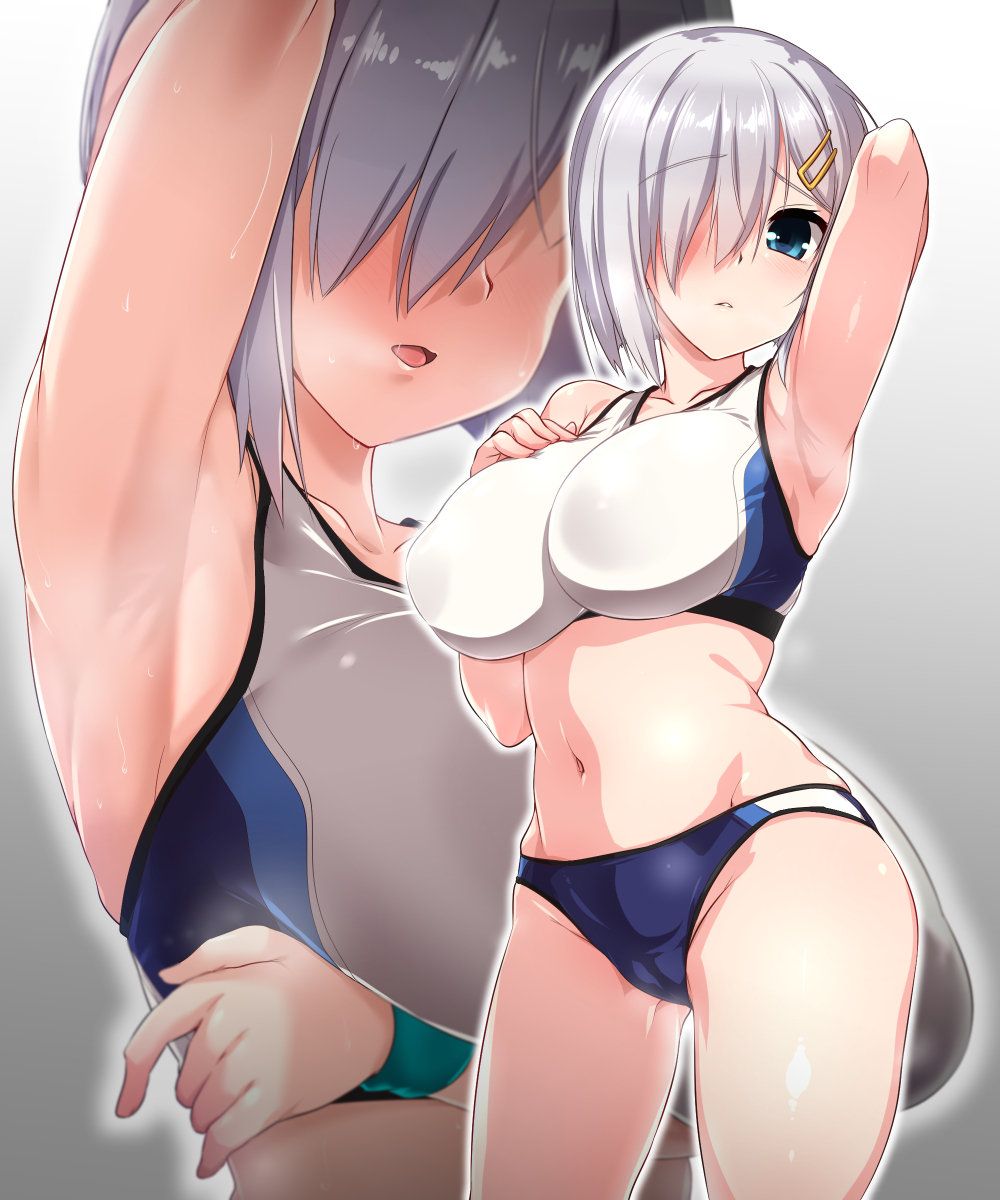 1girl arm_under_breasts arm_up blue_eyes blush breasts eyebrows_visible_through_hair grey_background hair_ornament hair_over_one_eye hairclip hamakaze_(kantai_collection) hand_on_own_chest highres kantai_collection large_breasts multiple_views navel open_mouth short_hair silver_hair simple_background sports_bra sportswear steam sweat yoshi_tama