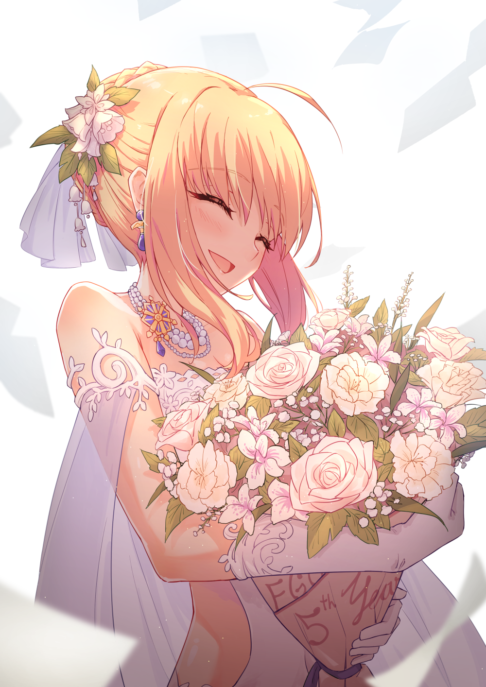 1girl ahoge artoria_pendragon_(all) bangs bare_shoulders blonde_hair blue_ribbon blush braid breasts cleavage closed_eyes commentary_request copyright_name dress earrings eyebrows_visible_through_hair fate/grand_order fate_(series) flower gloves hair_flower hair_ornament highres holding holding_flower jewelry long_hair necklace profnote ribbon saber short_hair simple_background smile solo wedding_dress white_background white_flower white_gloves