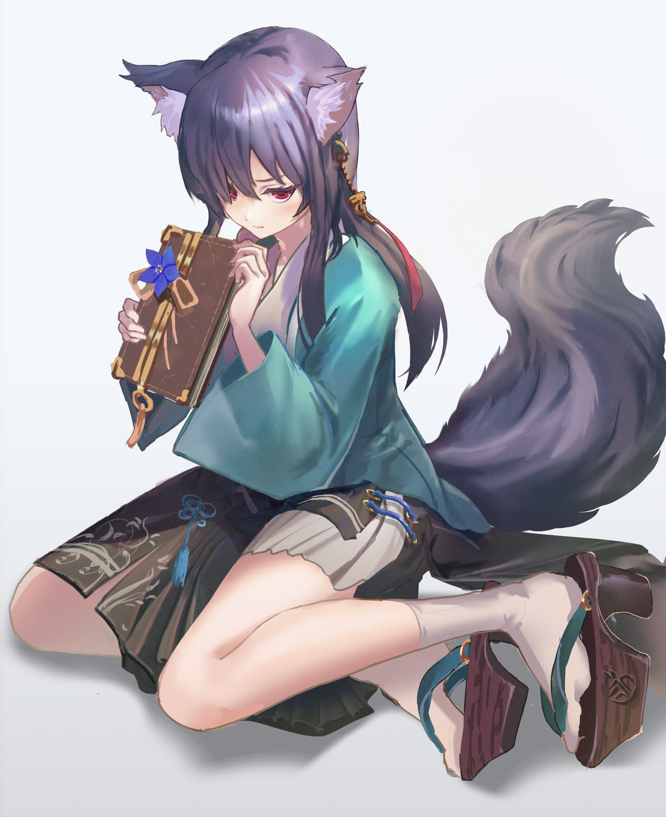 1girl animal_ears black_skirt blush book clog_sandals closed_mouth fox_ears fox_tail grey_background hair_ornament high_heels highres holding holding_book inabi long_sleeves looking_at_viewer original purple_hair red_eyes simple_background sitting skirt solo tabi tail white_legwear wide_sleeves yokozuwari