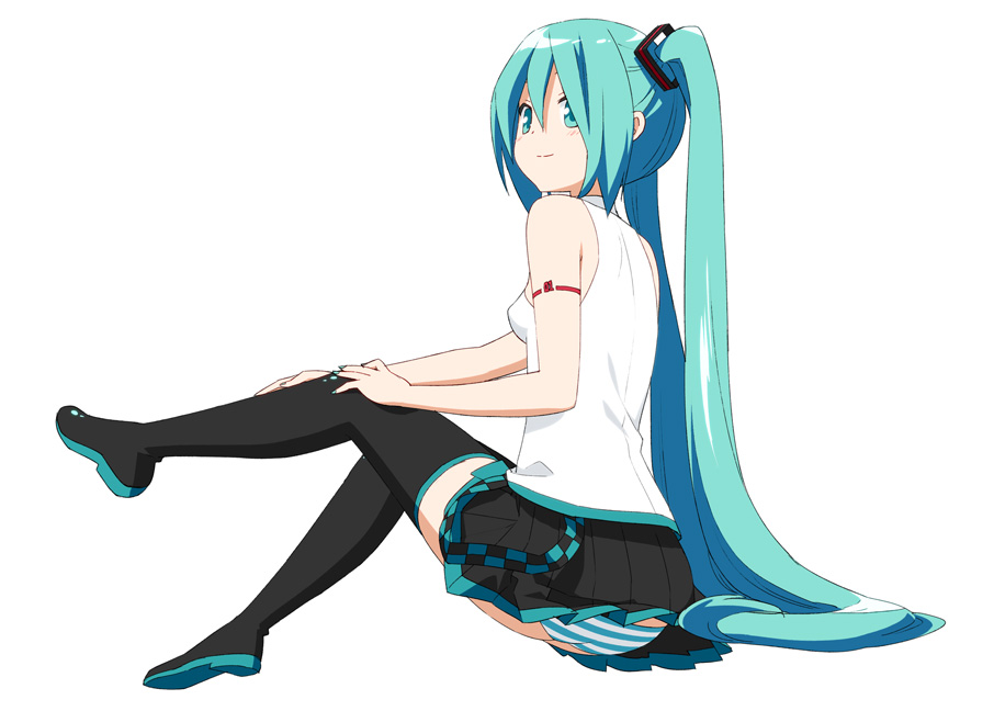 1girl aqua_eyes aqua_hair aqua_nails bare_shoulders belt black_legwear black_skirt boots commentary from_behind full_body hair_ornament hand_on_knees hand_on_own_knee hatsune_miku leg_up light_blush long_hair looking_at_viewer looking_back miniskirt nail_polish panties pantyshot peko pleated_skirt shirt shoulder_tattoo sitting skirt sleeveless sleeveless_shirt smile solo striped striped_panties tattoo thigh_boots thighhighs twintails underwear very_long_hair vocaloid vocaloid_(lat-type_ver) white_background white_shirt