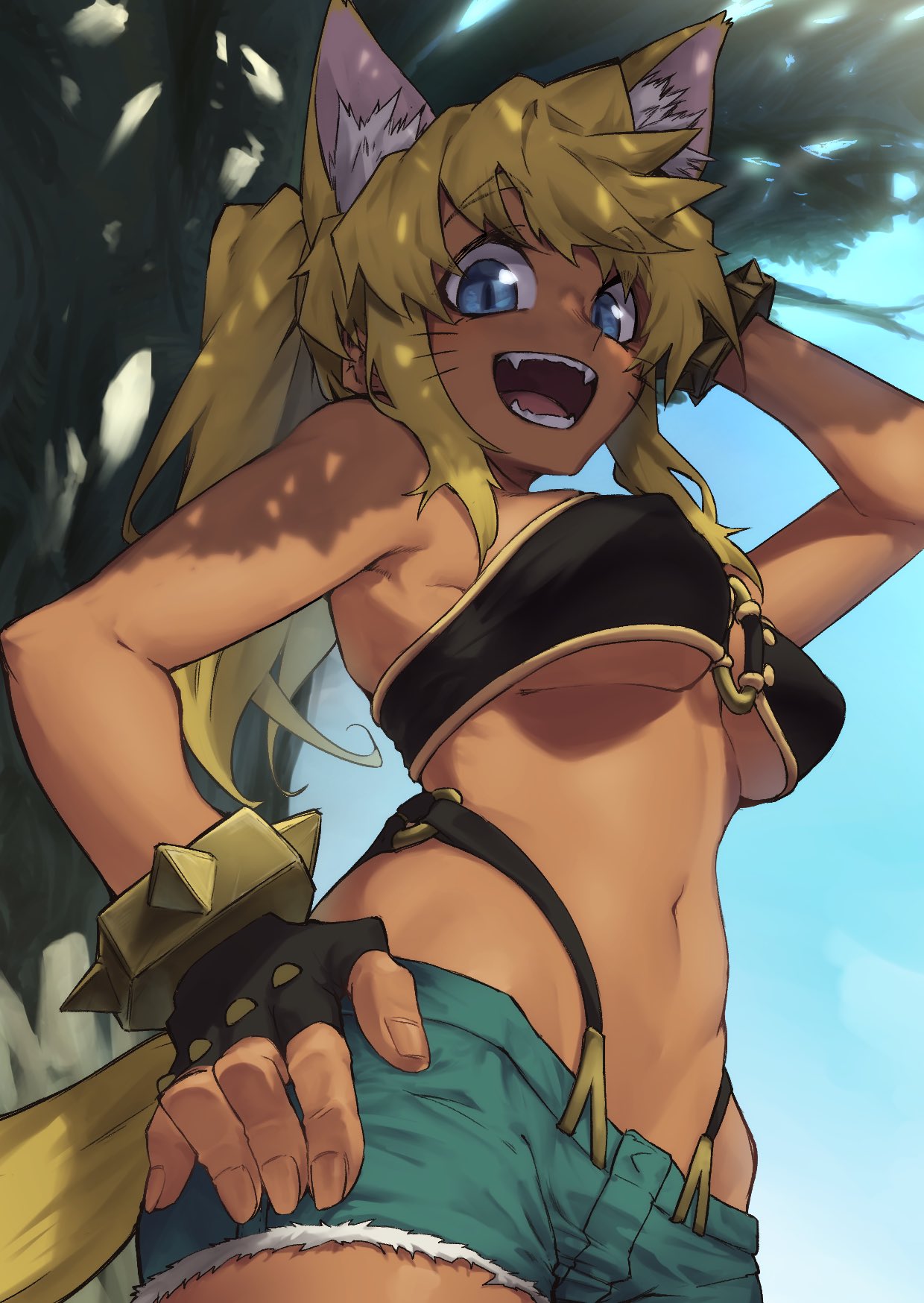 1girl animal_ears bare_shoulders beltbra blonde_hair blue_eyes blue_sky breasts cowboy_shot dark_skin denim denim_shorts extra_ears eyebrows_visible_through_hair fingerless_gloves gloves hand_on_hip hand_on_own_head hekonda_kan highres hip_bones liru looking_at_viewer looking_down medium_breasts navel o-ring o-ring_top open_mouth outdoors ponytail renkin_san-kyuu_magical_pokaan sharp_teeth shorts sidelocks sky smile solo strap studded_bracelet tail teeth tree tree_shade under_tree underboob whisker_markings wolf_ears wolf_girl wolf_tail