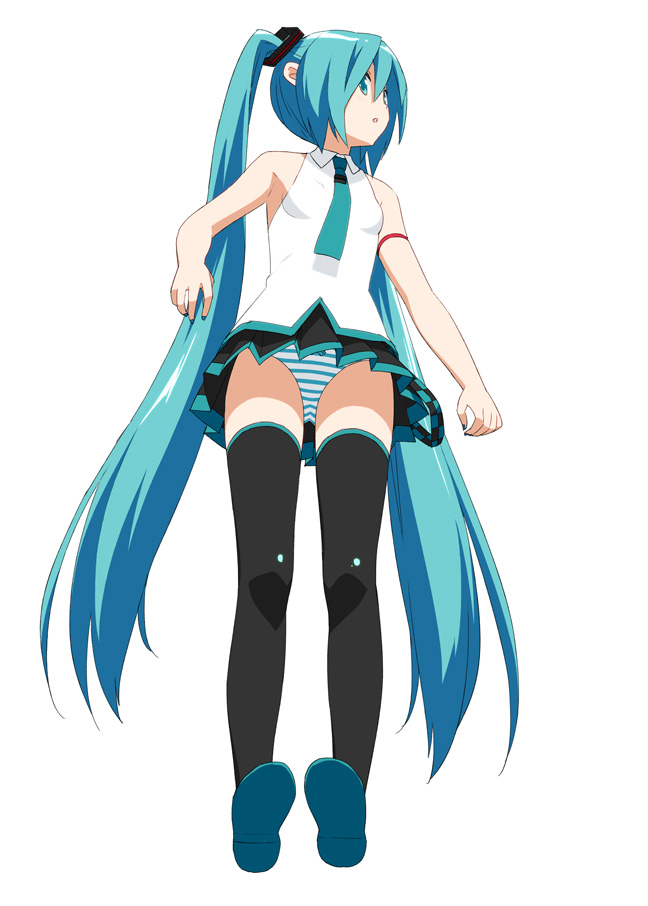 1girl aqua_hair aqua_nails aqua_neckwear bare_shoulders black_legwear black_skirt boots commentary from_below full_body hair_ornament hatsune_miku long_hair looking_at_viewer looking_down miniskirt nail_polish necktie panties pantyshot peko pleated_skirt shirt shoulder_tattoo skirt sleeveless sleeveless_shirt solo standing striped striped_panties tattoo thigh_boots thighhighs twintails underwear very_long_hair vocaloid vocaloid_(lat-type_ver) white_background white_shirt