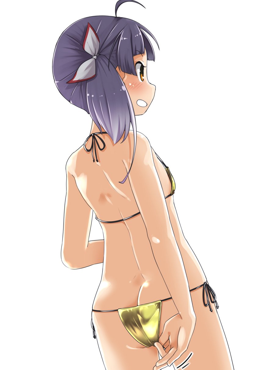 1girl ahoge ass back bangs bikini blush butt_crack eyebrows_visible_through_hair flat_chest from_behind fujinami_(kantai_collection) gold_bikini highres kantai_collection micro_bikini nassukun ponytail profile purple_hair side-tie_bikini side_ponytail simple_background solo swimsuit white_background