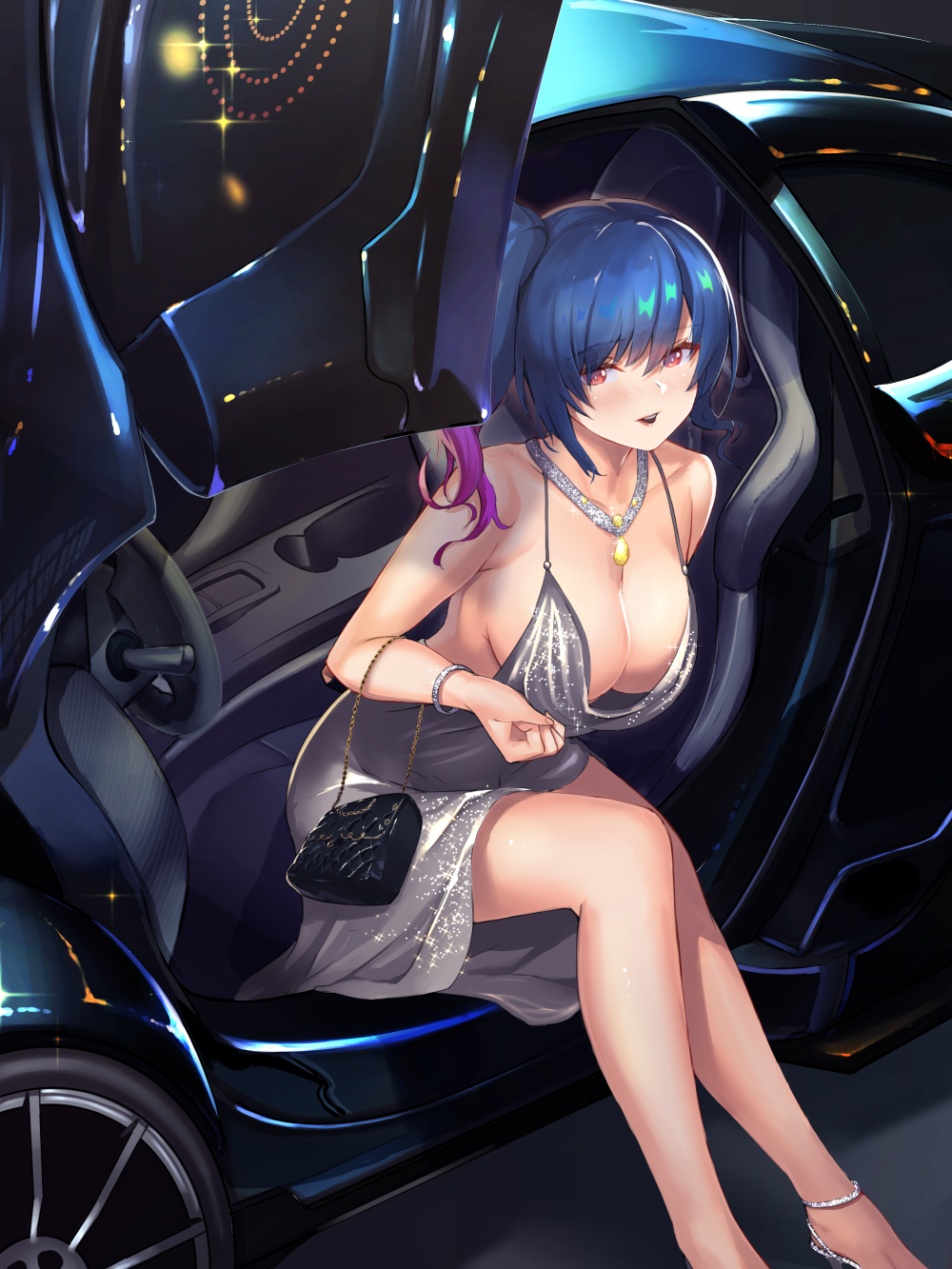 1girl azur_lane backless_dress backless_outfit bag bangs bare_shoulders blue_hair bracelet breasts car car_interior cleavage commentary_request dress evening_gown grey_dress ground_vehicle hair_between_eyes halter_dress handbag high_heels highres jewelry large_breasts looking_at_viewer motor_vehicle multicolored_hair parted_lips pink_eyes plunging_neckline revealing_clothes shimozuki_shio side_ponytail sidelocks silver_dress silver_footwear sitting st._louis_(azur_lane) st._louis_(luxurious_wheels)_(azur_lane) thighs