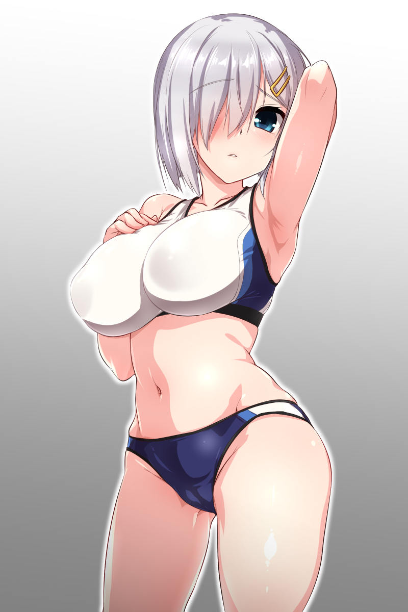 1girl arm_up bangs blue_eyes blush breasts eyebrows_visible_through_hair grey_background hair_ornament hair_over_one_eye hairclip hamakaze_(kantai_collection) highres kantai_collection large_breasts navel parted_lips short_hair silver_hair simple_background solo sports_bra sportswear yoshi_tama