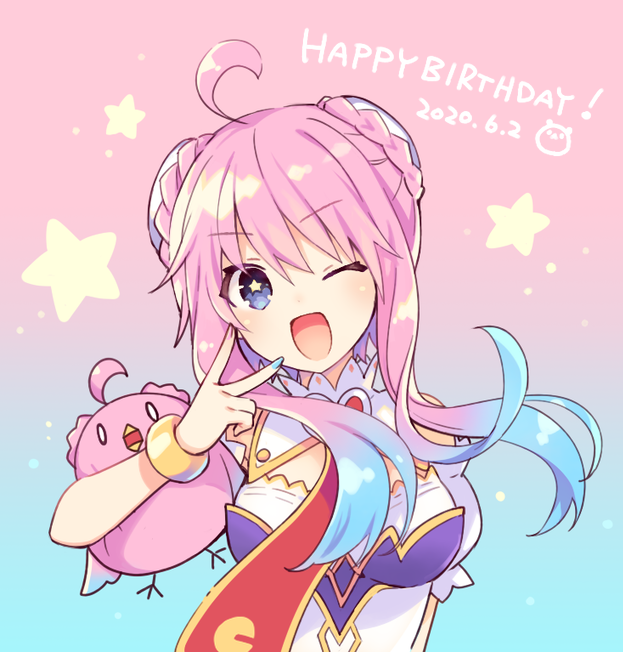 1girl ahoge blue_hair blush bracelet breasts compile_heart dated eyebrows_visible_through_hair happy_birthday ileheart jewelry looking_at_viewer multicolored_hair one_eye_closed open_mouth pink_hair purple_eyes sidelocks small_breasts smile solo star-shaped_pupils star_(symbol) symbol-shaped_pupils tsunako twintails two-tone_hair v virtual_youtuber