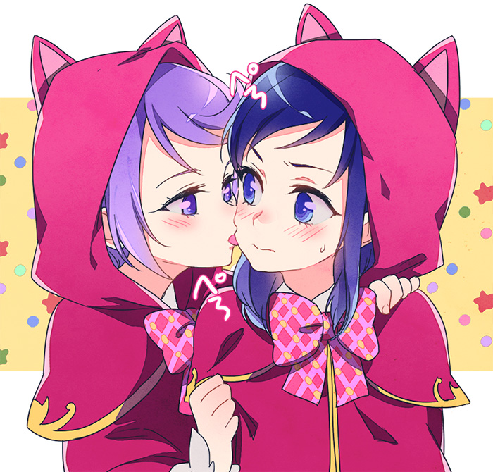 2girls animal_ears animal_hood bangs blue_eyes blue_hair blush bow cape capelet cat_ears cat_hood cheek_licking closed_mouth dokidoki!_precure embarrassed eye_contact face_licking fake_animal_ears hand_on_another's_shoulder hishikawa_rikka hood hooded_capelet kenzaki_makoto licking long_hair long_sleeves looking_at_another multiple_girls negom pink_neckwear plaid plaid_bow precure purple_eyes purple_hair red_cape shiny shiny_hair short_hair sweatdrop swept_bangs upper_body younger