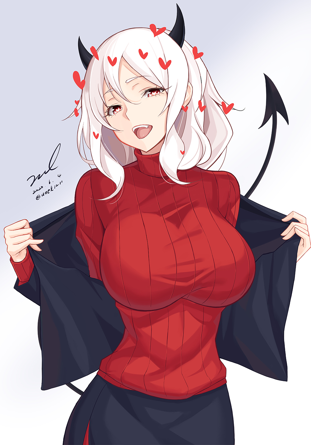1girl :d black_jacket black_skirt breasts demon_horns demon_tail fang heart heart-shaped_pupils helltaker highres horns jacket large_breasts long_hair looking_at_viewer modeus_(helltaker) open_clothes open_jacket open_mouth red_eyes red_sweater ribbed_sweater sidelocks signature skirt smile solo sweater symbol-shaped_pupils tail tail_raised turtleneck turtleneck_sweater unel upper_body watermark white_hair