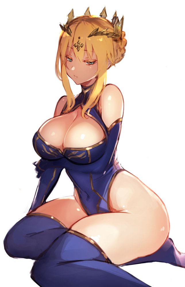 1girl aqua_eyes artoria_pendragon_(all) artoria_pendragon_(lancer) ass bare_shoulders blue_gloves blue_legwear braid covered_navel crown elbow_gloves eyelashes fate/grand_order fate_(series) gloves hair_ornament lin_(captain_earth) long_hair nbo short_hair_with_long_locks simple_background sitting solo thighhighs white_background yokozuwari