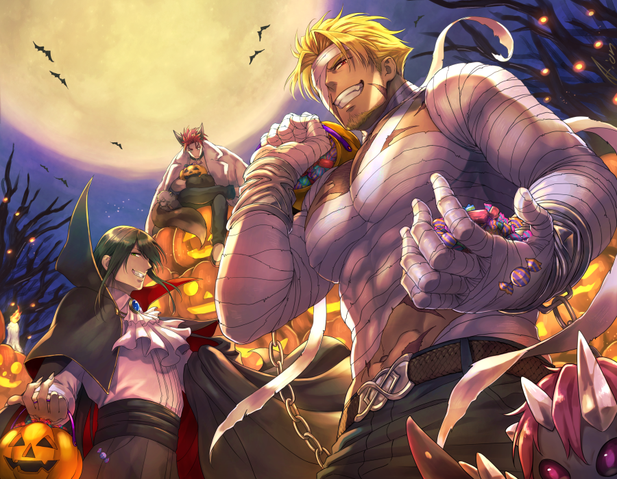 3boys abs aion_kiu alternate_costume bandages bangs bara bat beard beowulf_(fate/grand_order) black_hair blonde_hair candle candy chest collared_shirt covered_abs cravat creature facial_hair fate/extra fate/grand_order fate_(series) food full_body gem green_eyes hair_between_eyes halloween halloween_costume high_collar holding jack-o'-lantern jacket_on_shoulders li_shuwen_(fate) li_shuwen_(fate/grand_order) long_hair long_sleeves looking_at_viewer male_focus manly moon moonlight multiple_boys muscle nail navel pants pectorals ponytail pumpkin red_eyes red_hair scar shirt shirtless smile standing tattoo tree upper_body yan_qing_(fate/grand_order)
