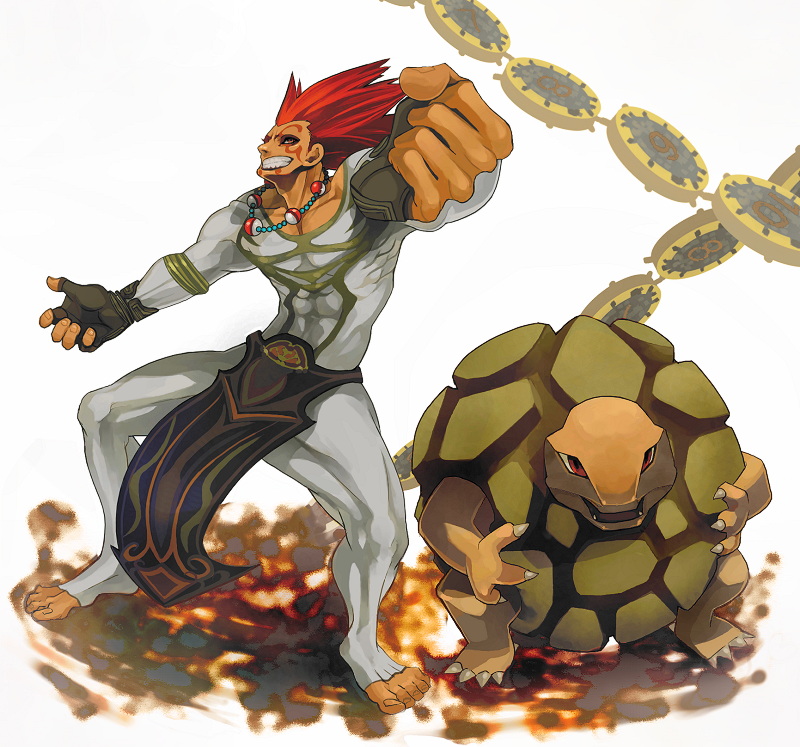 1boy abs black_gloves bodysuit brown_eyes clenched_hand commentary_request covered_navel dakim_(pokemon) feet fingerless_gloves gen_1_pokemon gloves golem_(pokemon) grey_bodysuit jewelry legs_apart loincloth muscle necklace outstretched_arm pokemon pokemon_(creature) pokemon_(game) pokemon_colosseum red_hair sor_(eliminate) spiked_hair standing teeth toenails toes white_background