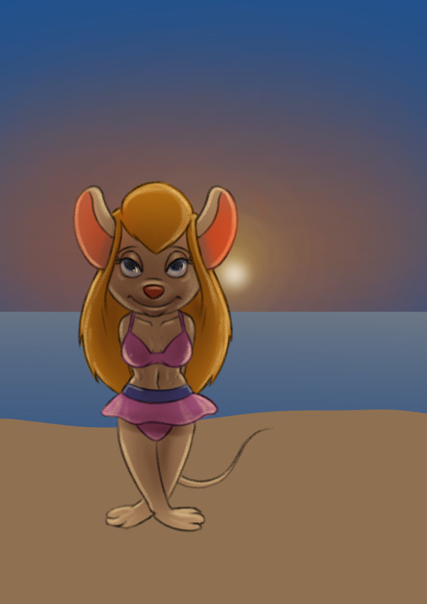 anthro barefoot beach chip_'n_dale_rescue_rangers clothing disney female gadget_hackwrench mammal mouse murid murine rodent sea seaside solo swimwear tfancred water