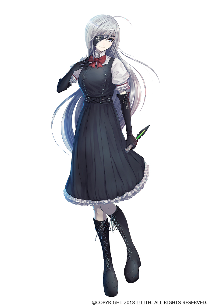 1girl ahoge bangs black_dress black_footwear black_gloves blue_eyes boots bow commentary_request dress elbow_gloves eyepatch frills gloves grey_hair holding holding_knife kei-suwabe knife long_hair official_art puffy_short_sleeves puffy_sleeves red_bow shirt short_sleeves simple_background sleeveless sleeveless_dress smile solo taimanin_rpgx white_background white_shirt