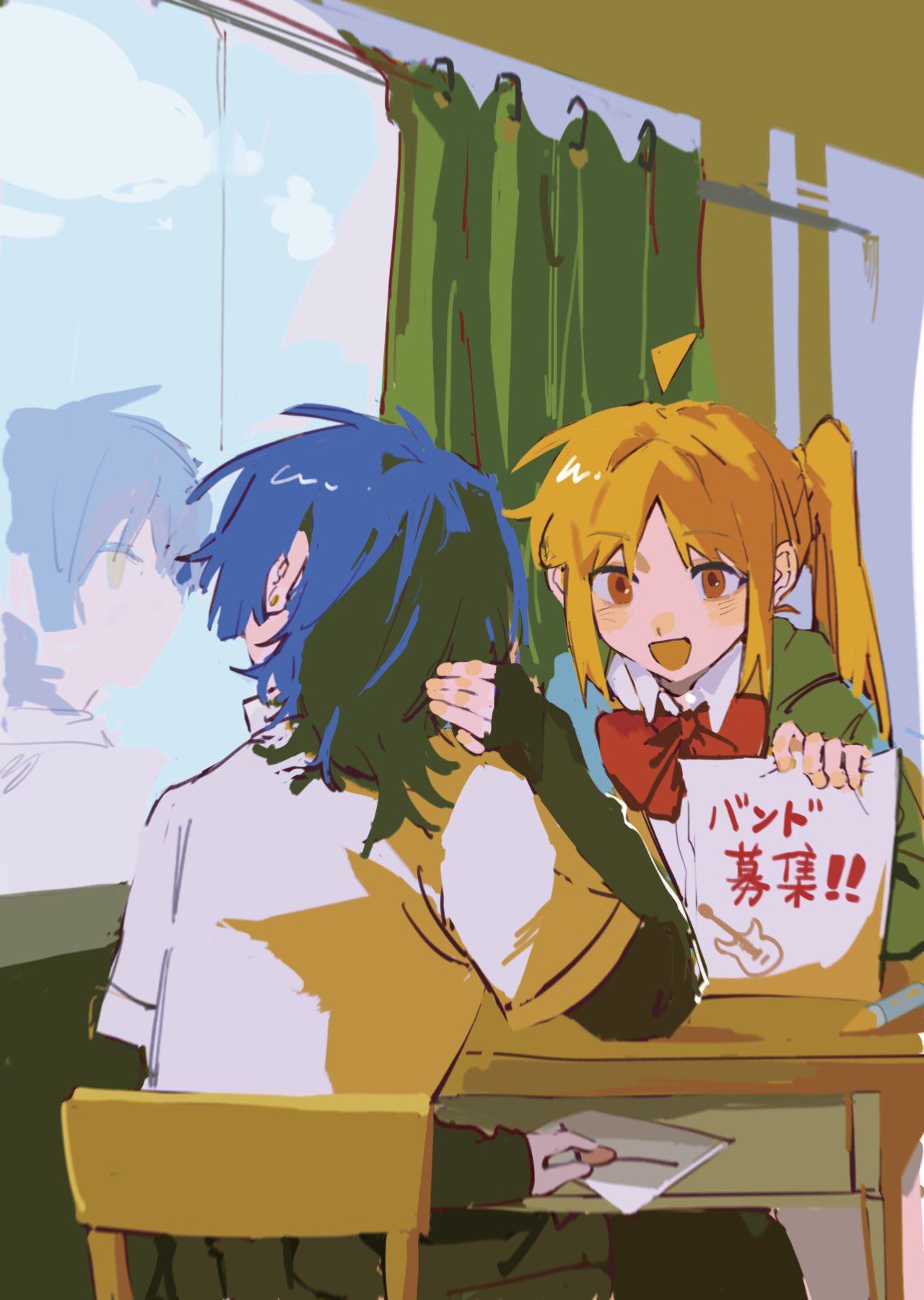 2girls ahoge black_skirt blonde_hair blue_hair blue_sky bocchi_the_rock! bow bowtie chinese_commentary classroom cloud commentary_request curtains desk green_jacket highres holding holding_paper ijichi_nijika indoors jacket layered_sleeves lingyi long_hair long_sleeves love_letter medium_hair multiple_girls open_mouth paper pencil pleated_skirt red_bow red_bowtie red_eyes reflection school_desk school_uniform shimokitazawa_high_school_uniform shirt short_over_long_sleeves short_sleeves side_ponytail skirt sky smile white_shirt yamada_ryo