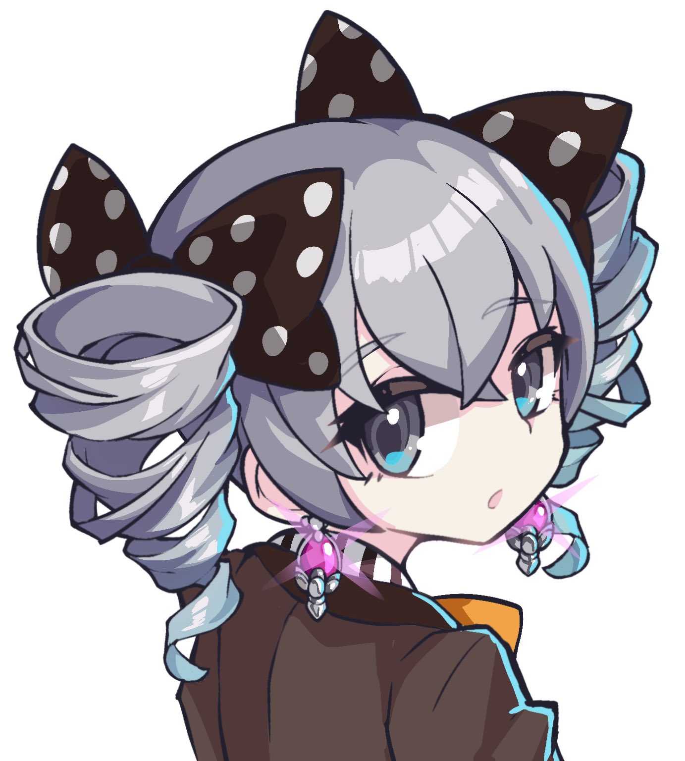 1girl black_bow bow bronya_zaychik bronya_zaychik_(wolf's_dawn) brown_jacket commentary drill_hair earrings from_behind glowing grey_eyes grey_hair hair_bow highres honkai_(series) honkai_impact_3rd jacket jewelry looking_at_viewer looking_back parted_lips polka_dot polka_dot_bow simple_background solo thick_eyebrows twin_drills twintails upper_body white_background xtacy