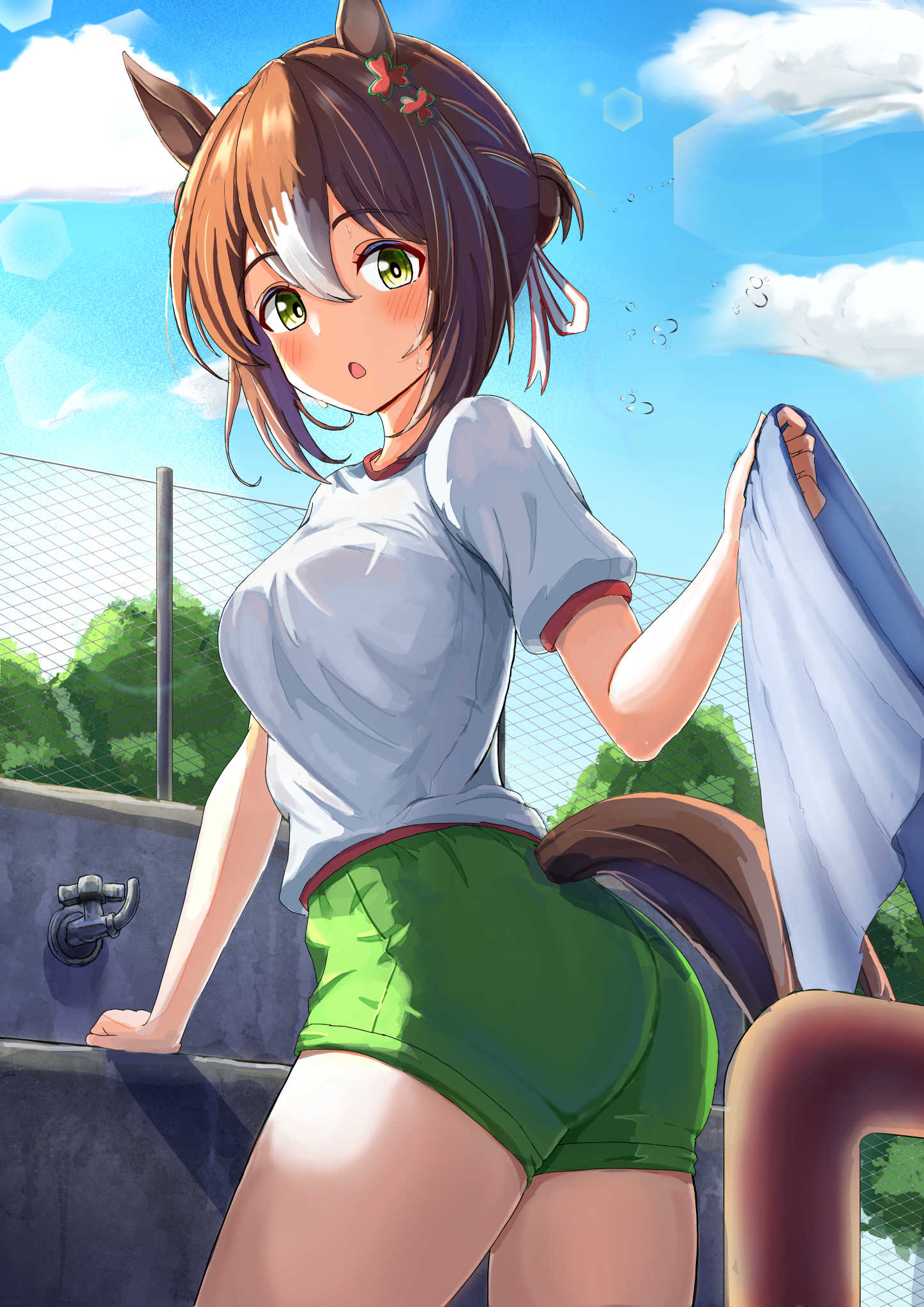 1girl animal_ears blue_skirt blush breasts brown_hair cloud cloudy_sky clover_hair_ornament commentary_request cowboy_shot fine_motion_(umamusume) green_eyes green_shorts hair_between_eyes hair_bun hair_ornament highres holding holding_towel horse_ears horse_girl horse_tail ikaashi_you looking_at_viewer medium_breasts multicolored_hair open_mouth outdoors puffy_short_sleeves puffy_sleeves short_hair short_sleeves shorts sink skirt sky solo streaked_hair tail tail_through_clothes towel umamusume white_hair