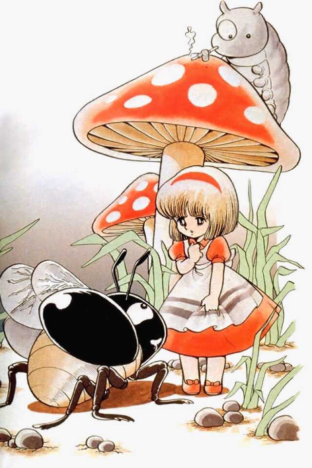 1980s_(style) 1girl alice_in_wonderland apron artist_self-insert azuma_hideo bob_cut brown_eyes brown_hair bug caterpillar dress flats mini_person minigirl mushroom non-web_source red_dress red_footwear retro_artstyle smoking traditional_media